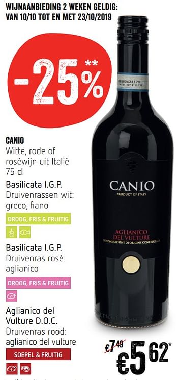 Promoties Canio witte, rode of roséwijn uit italië - Rode wijnen - Geldig van 10/10/2019 tot 16/10/2019 bij Delhaize
