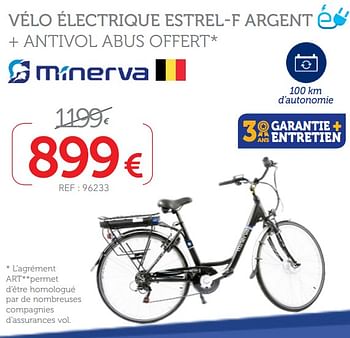 Promotions Minerva vélo électrique estrel-f argent + antivol abus offert - Minerva - Valide de 09/10/2019 à 12/11/2019 chez Auto 5