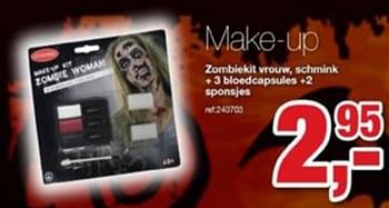 Promoties Make-up zombioekit vrouw , schmink + 3 bloedcapsules + 2 sponsjes - Huismerk - Paradisio - Geldig van 08/10/2019 tot 01/11/2019 bij Paradisio