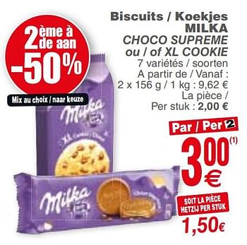 Promoties Biscuits - koekjes milka choco supreme ou - of xl cookie - Milka - Geldig van 15/10/2019 tot 21/10/2019 bij Cora
