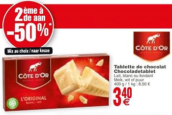Promotions Tablette de chocolat chocoladetablet - Cote D'Or - Valide de 15/10/2019 à 21/10/2019 chez Cora