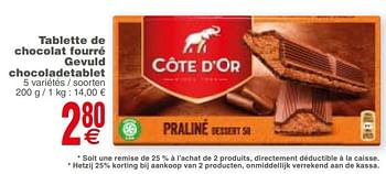 Promoties Tablette de chocolat fourré gevuld chocoladetablet - Cote D'Or - Geldig van 15/10/2019 tot 21/10/2019 bij Cora