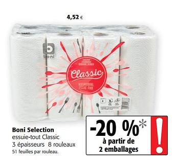 Promoties Boni selection essuie-tout classic 3 épaisseurs 8 rouleaux - Boni - Geldig van 09/10/2019 tot 22/10/2019 bij Colruyt