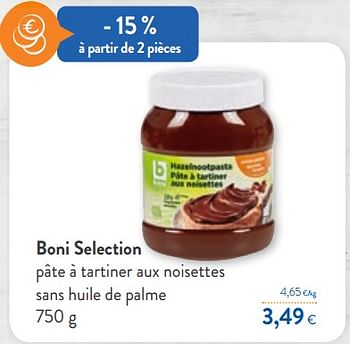 Promoties Boni selection pâte à tartiner aux noisettes sans huile de palme - Boni - Geldig van 09/10/2019 tot 22/10/2019 bij OKay