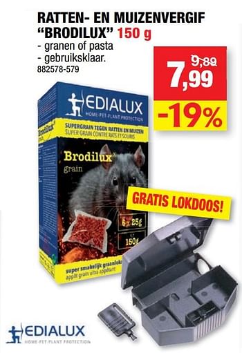 Promoties Ratten- en muizenvergif brodilux - Edialux - Geldig van 16/10/2019 tot 27/10/2019 bij Hubo