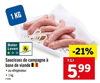 Promoties Saucisses de campagne à base de viande - Huismerk - Lidl - Geldig van 21/10/2019 tot 26/10/2019 bij Lidl