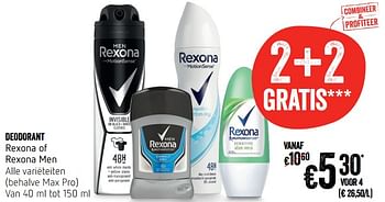 Promoties Deodorant rexona of rexona men - Rexona - Geldig van 17/10/2019 tot 23/10/2019 bij Delhaize