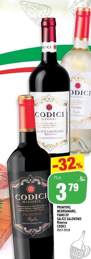 Promoties Primitivo, negroamaro, fiano of salice salentino riserva codici - Rode wijnen - Geldig van 16/10/2019 tot 22/10/2019 bij Match