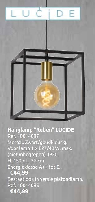 Promoties Hanglamp ruben lucide - Lucide - Geldig van 23/10/2019 tot 11/11/2019 bij Brico