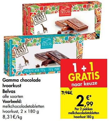 Promoties Gamma chocolade ivoorkust belvas melkchocoladetabletten ivoorkust - Belvas - Geldig van 16/10/2019 tot 28/10/2019 bij Carrefour