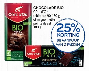 Promoties Chocolade bio côte d`or 25% korting bij aankoop van 2 pakken - Cote D'Or - Geldig van 23/10/2019 tot 05/11/2019 bij Alvo