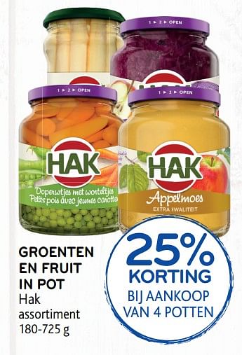 Promoties Groenten en fruit in pot hak 25% korting bij aankoop van 4 potten - Hak - Geldig van 23/10/2019 tot 05/11/2019 bij Alvo