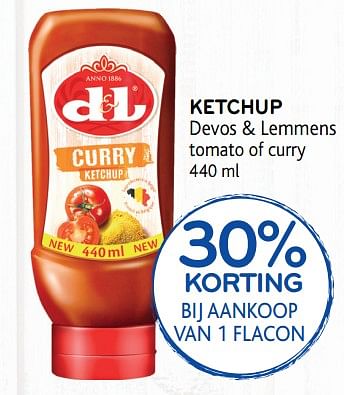 Promoties Ketchup devos + lemmens tomato of curry 30% korting bij aankoop van 1 flacon - Devos Lemmens - Geldig van 23/10/2019 tot 05/11/2019 bij Alvo