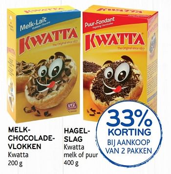 Promoties Melkchocoladevlokken kwatta of hagelslag 33% korting bij aankoop van 2 pakken - Kwatta - Geldig van 23/10/2019 tot 05/11/2019 bij Alvo