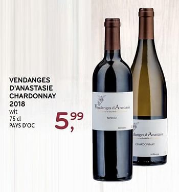 Promoties Vendanges d`anastasie chardonnay 2018 wit pays d`oc - Witte wijnen - Geldig van 23/10/2019 tot 05/11/2019 bij Alvo
