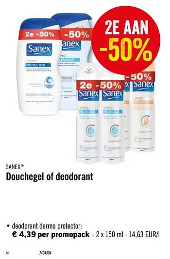 Promoties Douchegel of deodorant deodorant dermo protector - Sanex - Geldig van 28/10/2019 tot 02/11/2019 bij Lidl