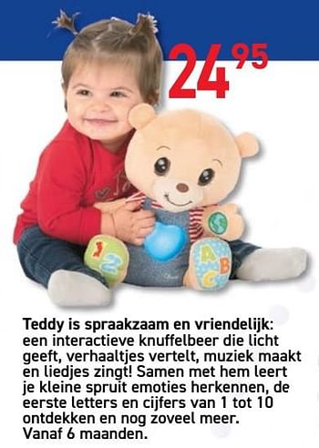 Promoties Teddy is spraakzaam en vriendelijk: een interactieve knuffelbeer die licht geeft, verhaaltjes vertelt, muziek maakt en liedjes zingt! samen met hem le - Huismerk - Deproost - Geldig van 15/10/2019 tot 30/11/2019 bij Deproost