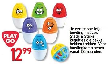 Promoties Je eerste spelletje bowling met zes stack + strike kegeltjes die gekke bekken trekken - Play-Go - Geldig van 15/10/2019 tot 30/11/2019 bij Deproost