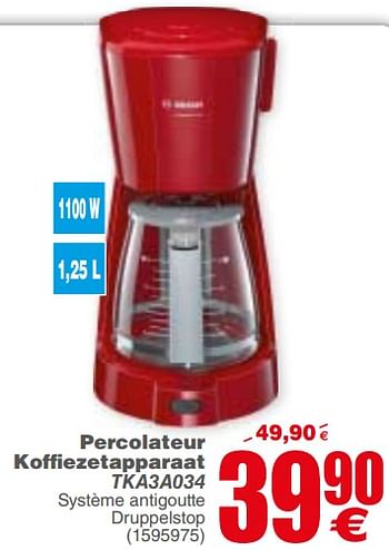 Promoties Bosch percolateur koffiezetapparaat tka3a034 - Bosch - Geldig van 29/10/2019 tot 09/11/2019 bij Cora