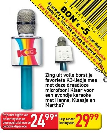 K3 Zing uit volle borst je favoriete k3-liedje mee met deze draadloze microfoon! klaar voor een karaoke met hanne, klaasje en marthe? - Promotie bij De