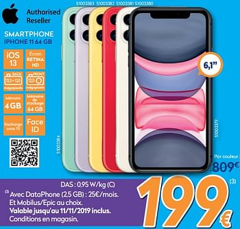 Promotions Apple smartphone iphone 11 64 gb - Apple - Valide de 30/10/2019 à 20/11/2019 chez Krefel