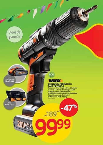 Promotions Worx perceuse à percussion sans fil wx371.3 - Worx - Valide de 06/11/2019 à 12/11/2019 chez BricoPlanit