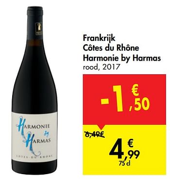 Promotions Frankrijk côtes du rhône harmonie by harmas rood, 2017 - Vins rouges - Valide de 30/10/2019 à 12/11/2019 chez Carrefour