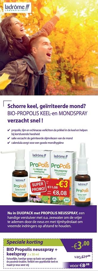 Promoties Bio propolis neusspray + keelspray - Ladrome - Geldig van 01/11/2019 tot 02/12/2019 bij Mannavita