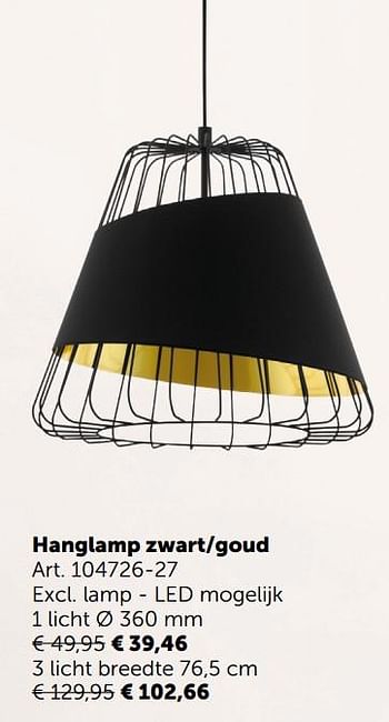Promotions Hanglamp zwart-goud - Produit maison - Zelfbouwmarkt - Valide de 05/11/2019 à 02/12/2019 chez Zelfbouwmarkt