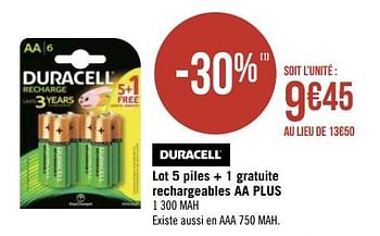Promotions Lot 5 piles + 1 gratuite rechargeables aa plus - Duracell - Valide de 14/10/2019 à 25/11/2019 chez Géant Casino