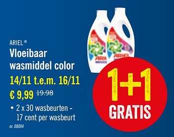 Promoties Vloeibaar wasmiddel color - Ariel - Geldig van 12/11/2019 tot 16/11/2019 bij Lidl
