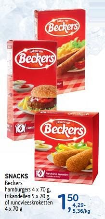 Promotions Snacks beckers hamburgers frikandellen of rundvleeskroketten - Beckers - Valide de 06/11/2019 à 19/11/2019 chez Alvo