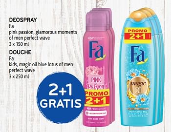 Promoties 2+1 gratis deospray fa pink passion, glamorous moments of men perfect wave - Fa - Geldig van 06/11/2019 tot 19/11/2019 bij Alvo