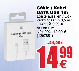 Promotions Apple câble - kabel data usb 1m - Apple - Valide de 05/11/2019 à 18/11/2019 chez Cora