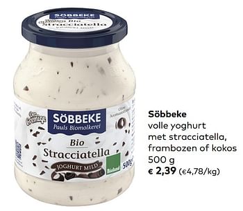 Promoties Söbbeke volle yoghurt met stracciatella, frambozen of kokos - Sobbeke - Geldig van 06/11/2019 tot 03/12/2019 bij Bioplanet