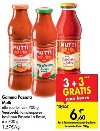 Promoties Gamma passata mutti tomatenpuree basilicum passata la rossa, - Mutti - Geldig van 06/11/2019 tot 18/11/2019 bij Carrefour
