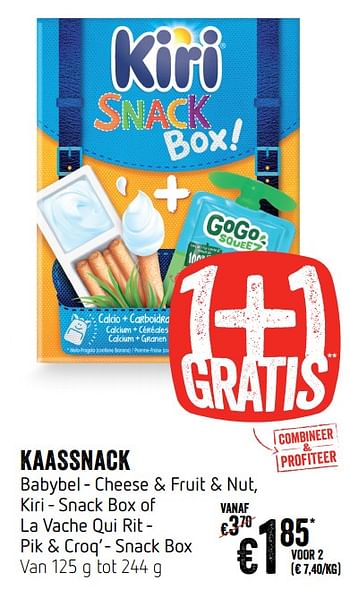 Promotions Kaassnack babybel - cheese + fruit + nut, kiri - snack box of la vache qui rit - pik + croq` - snack box - Babybel - Valide de 07/11/2019 à 13/11/2019 chez Delhaize