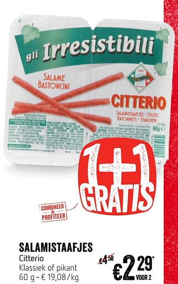 Promoties Salamistaafjes citterio - Citterio - Geldig van 07/11/2019 tot 13/11/2019 bij Delhaize