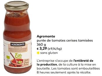 Promotions Agromonte purée de tomates cerises tamisées - Agromonte - Valide de 06/11/2019 à 03/12/2019 chez Bioplanet