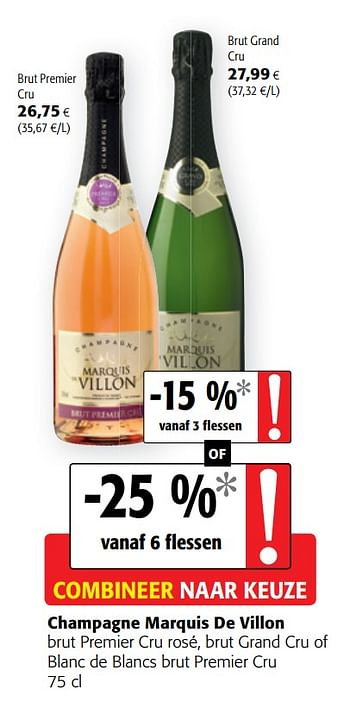 Promoties Champagne marquis de villon brut premier cru rosé, brut grand cru of blanc de blancs brut premier cru - Marquis De Villon - Geldig van 06/11/2019 tot 19/11/2019 bij Colruyt
