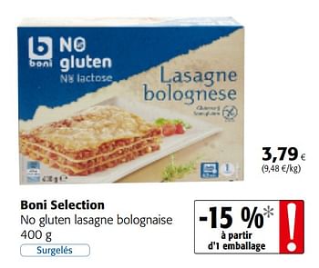 Promotions Boni selection no gluten lasagne bolognaise - Boni - Valide de 06/11/2019 à 19/11/2019 chez Colruyt