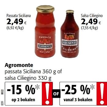 Promoties Agromonte passata siciliana of salsa ciliegino - Agromonte - Geldig van 06/11/2019 tot 19/11/2019 bij Colruyt