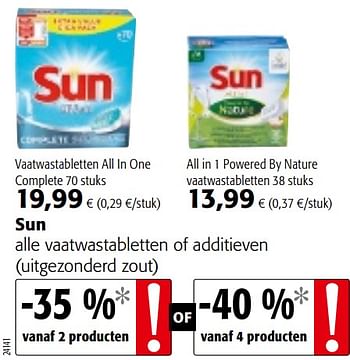 Promoties Sun alle vaatwastabletten of additieven - Sun - Geldig van 06/11/2019 tot 19/11/2019 bij Colruyt