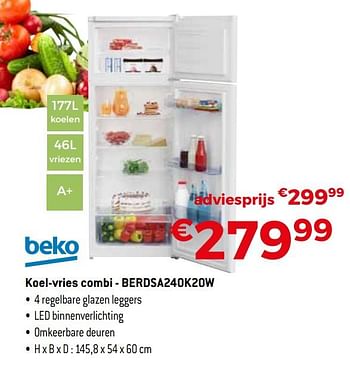 Promoties Beko koel-vries combi - berdsa240k20w - Beko - Geldig van 01/11/2019 tot 30/11/2019 bij Exellent