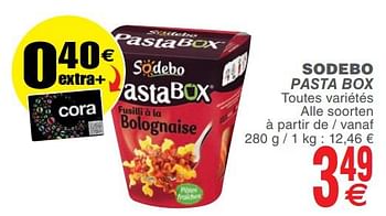 Promoties Sodebo pasta box - Sodebo - Geldig van 12/11/2019 tot 18/11/2019 bij Cora