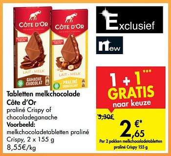 Promoties Tabletten melkchocolade côte d`or melkchocoladetabletten praliné crispy - Cote D'Or - Geldig van 13/11/2019 tot 25/11/2019 bij Carrefour