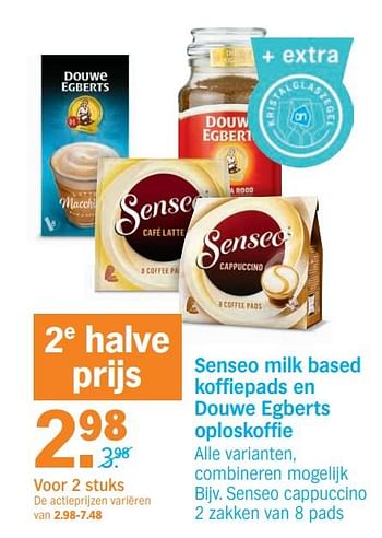 Promoties Senseo milk based koffiepads en douwe egberts oploskoffie senseo cappuccino - Douwe Egberts - Geldig van 11/11/2019 tot 17/11/2019 bij Albert Heijn