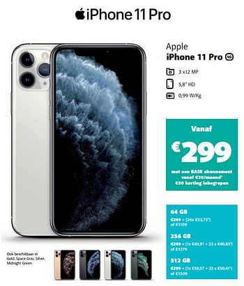 Promoties Apple iphone 11 pro - Apple - Geldig van 10/11/2019 tot 07/12/2019 bij Base