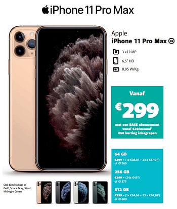 Promoties Apple iphone 11 pro max - Apple - Geldig van 10/11/2019 tot 07/12/2019 bij Base