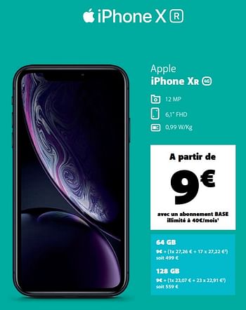 Promotions Apple iphone xr - Apple - Valide de 10/11/2019 à 07/12/2019 chez Base